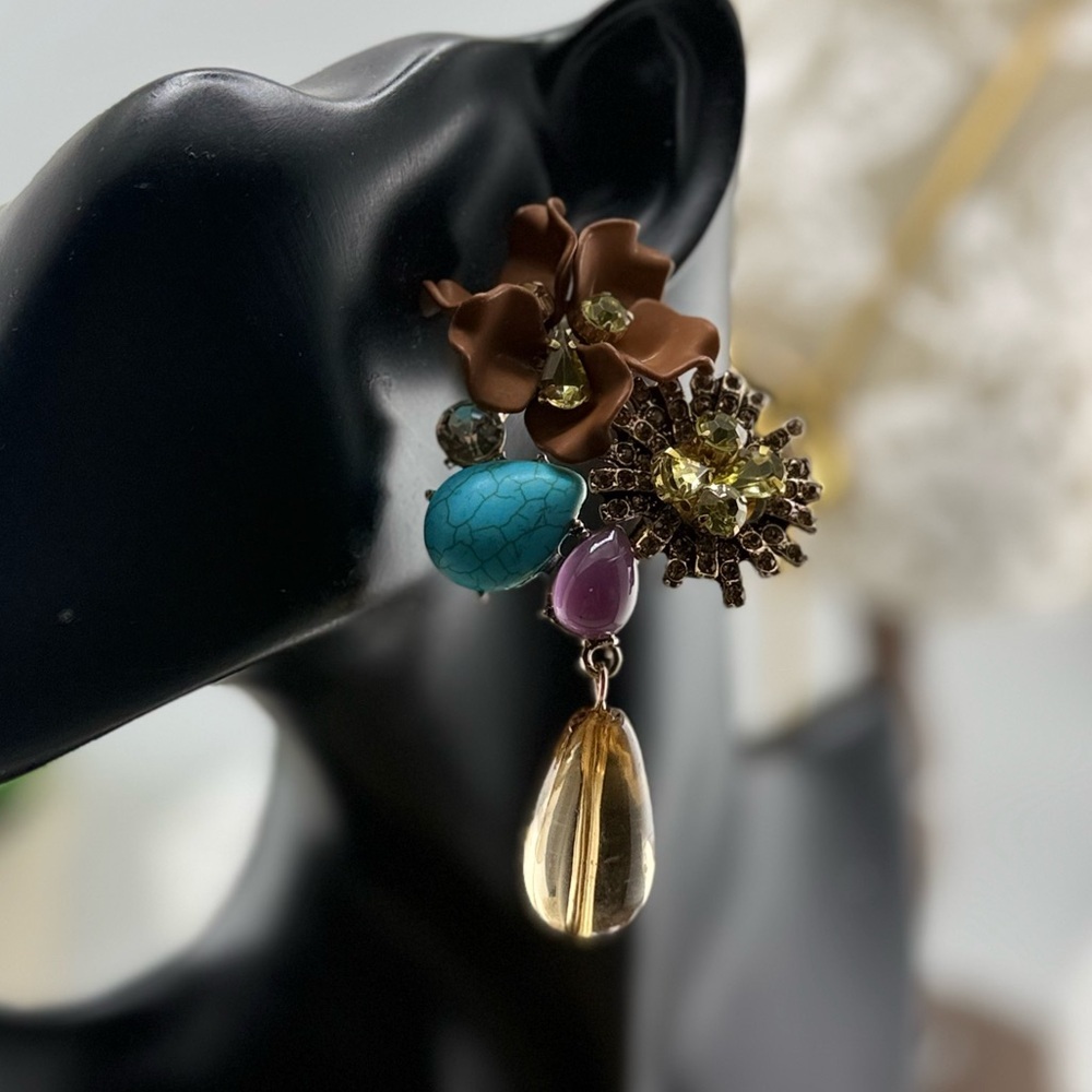 Zara Turquoise, Brown & Yellow Floral Drop Earrings